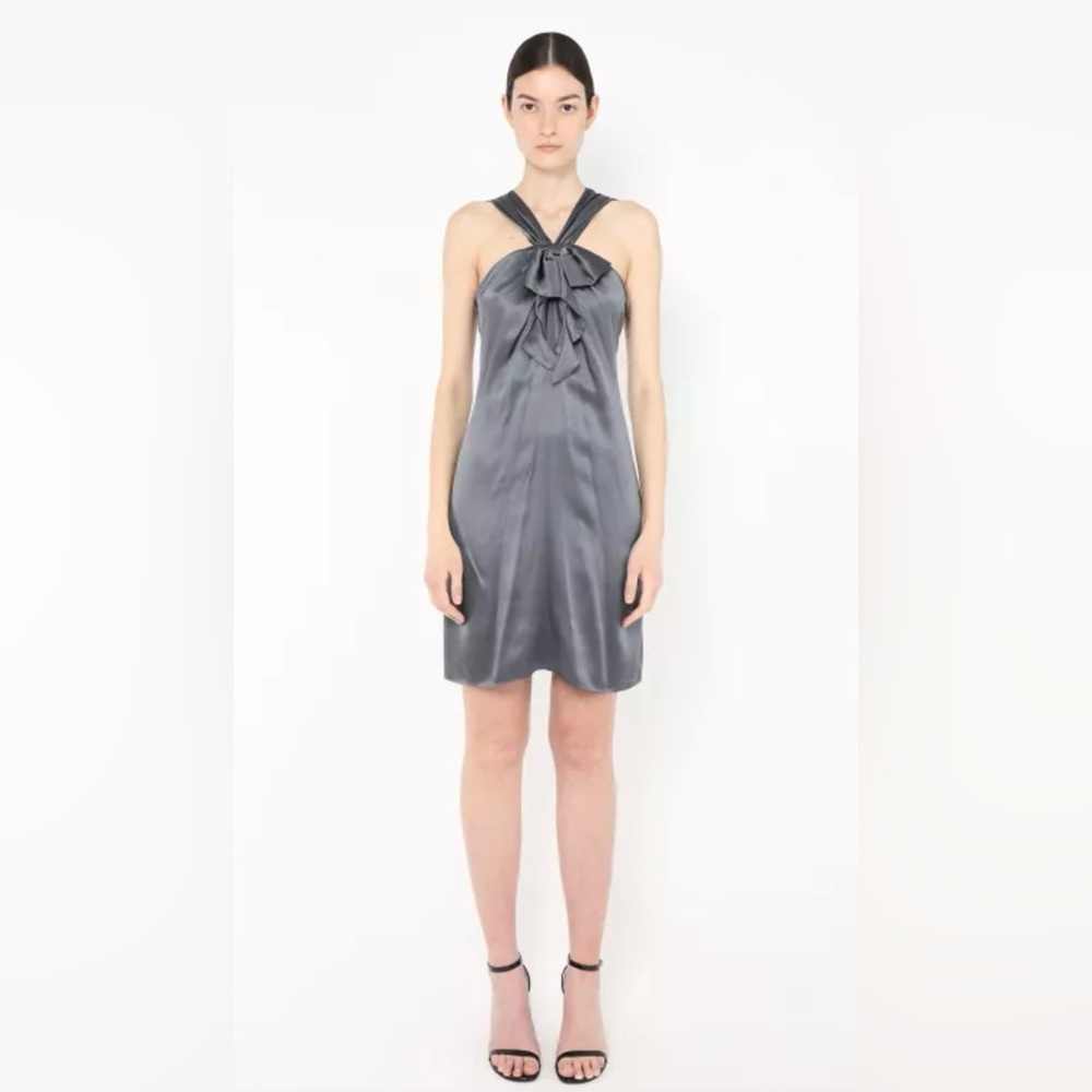 John Galliano Slate Gray Silk Bow Halter Dress